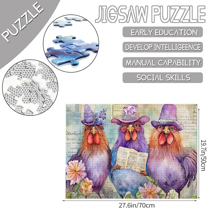 Tucocoo Cute Roosters Jigsaw Puzzles for Adults 1000 Pieces, Funny Watercolor Chickens Wearing Hats Art Jigsaw Puzzle Colorful DIY Puzzles for Home Decoration