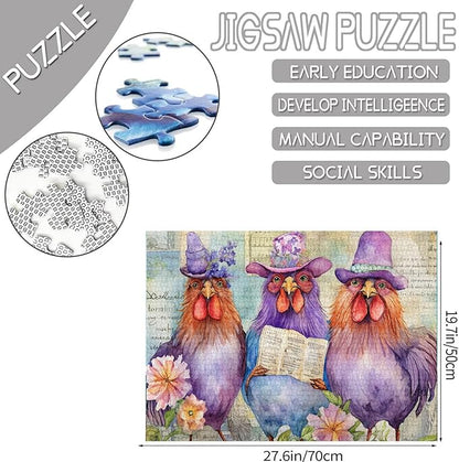 Tucocoo Cute Roosters Jigsaw Puzzles for Adults 1000 Pieces, Funny Watercolor Chickens Wearing Hats Art Jigsaw Puzzle Colorful DIY Puzzles for Home Decoration