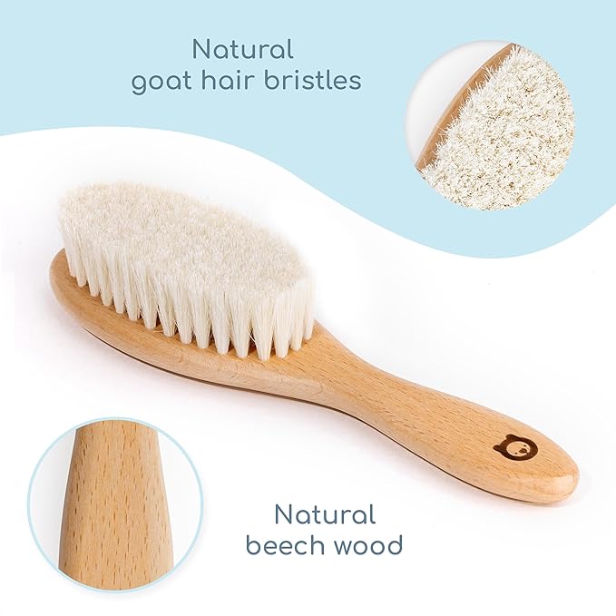 Wooden Hair Brush & Comb Set for Newborns & Toddlers - Ultra Soft Natural Goat Hair and Wood - Chic Gift Box (Oval Brush + Comb)