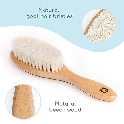 Wooden Hair Brush & Comb Set for Newborns & Toddlers - Ultra Soft Natural Goat Hair and Wood - Chic Gift Box (Oval Brush + Comb)