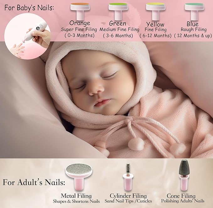 Royal Angels Rechargeable Baby Nail Buffer 22 in 1, Safe Electric Baby Nail File 13 Replacements,