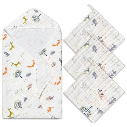 Zainpe 4Pcs Muslin Baby Hooded Towel & Washcloth Set Fox 31.5 x 31.5 in