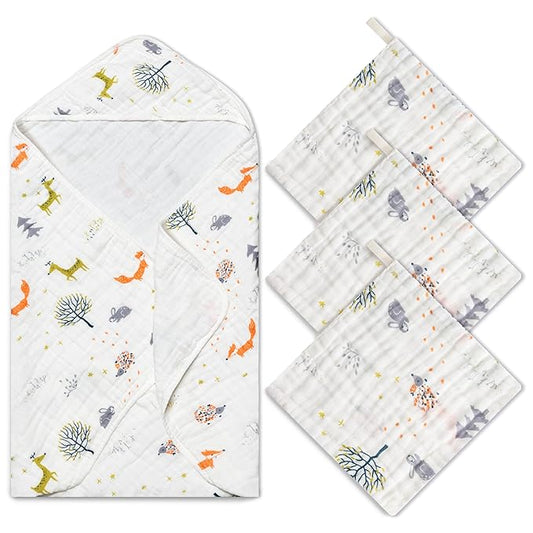 Zainpe 4Pcs Muslin Baby Hooded Towel & Washcloth Set Fox 31.5 x 31.5 in