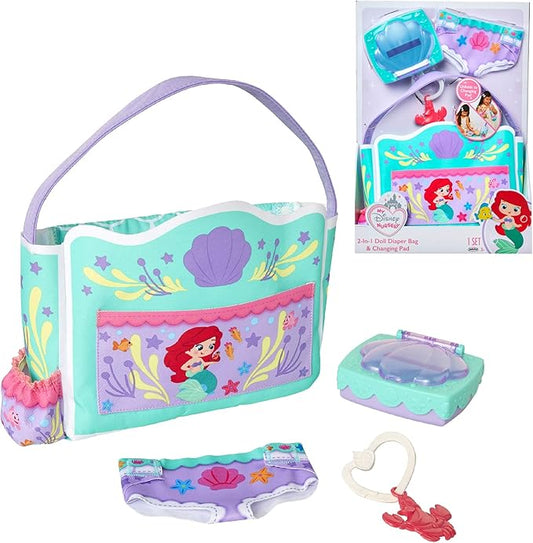 My Disney Nursery Baby Doll Accessories, Ariel Transforming 2-in-1 Diaper Bag & Changing Pad for Dolls Inspired by Disney The Little Mermaid! Pretend Wipes Toy Container
