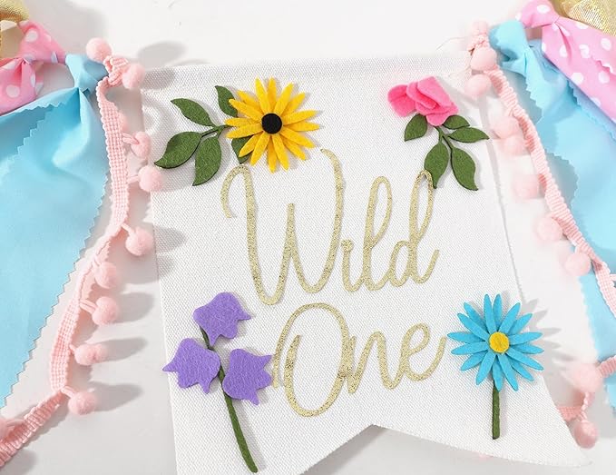 Wild flower High Chair Banner - Girls Wild One 1st Birthday Decoration, Floral Theme Highchair Banner