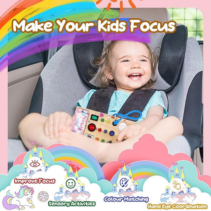 Unicorn Wooden Busy Board Sensory Toys with 8 LED Light 1 Year