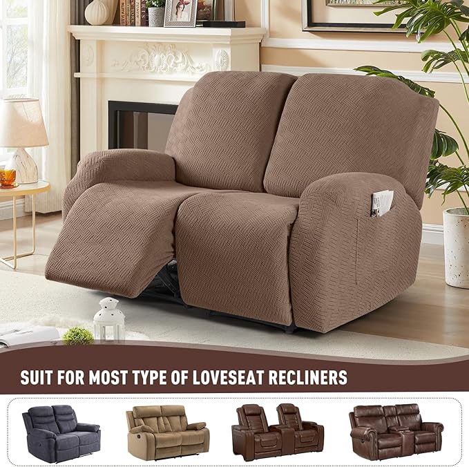 KinCam Recliner Covers, Stretch Reclining Chair Covers, Recliner Sofa Slipcovers Stripe Jacquard Recliner Couch Covers Furniture Protector Covers for Pet Kid (2XL Seater, Light Coffee)