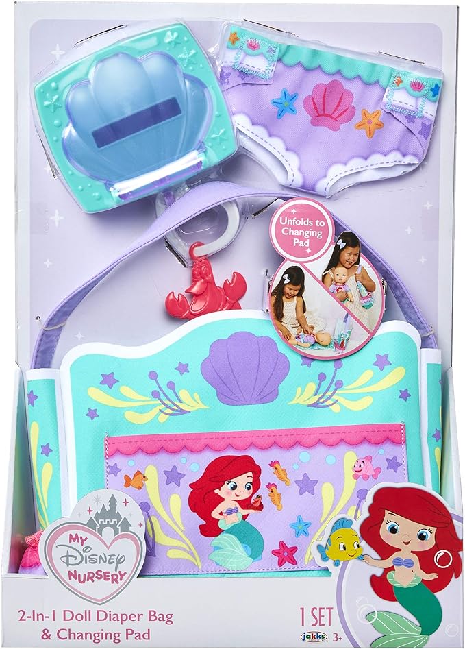 My Disney Nursery Baby Doll Accessories, Ariel Transforming 2-in-1 Diaper Bag & Changing Pad for Dolls Inspired by Disney The Little Mermaid! Pretend Wipes Toy Container