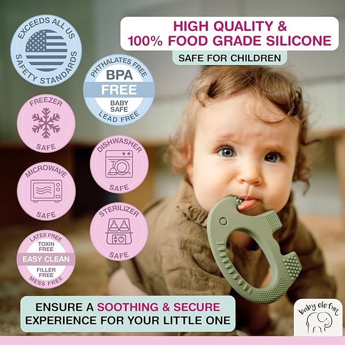 Teethers for Babies 6-12 Months - Baby Elefun 5x Pain Relief Toddler Teether. No More Ouch for Mom Anti Bite Trainer. Nurtures Grasping, Passing
