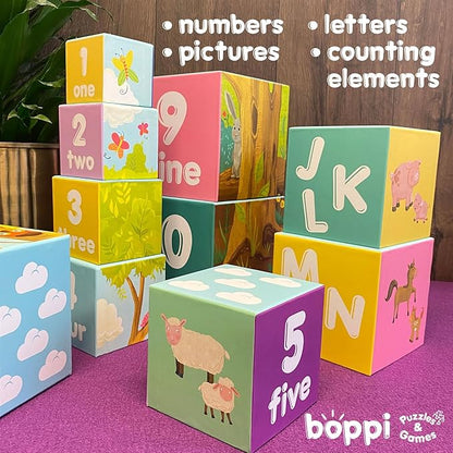 Baby Stacking Blocks Farmyard Animal Toys with Letters and Numbers, Montessori Cubes for Toddlers