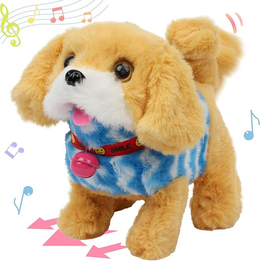 Hopearl Walking Dog Golden Retriever in Blue Vest Interactive Electronic Pet Plush Toy Puppy Woof and Moving Animated Nodding Head Gift for Toddlers Birthday, Brown 7''