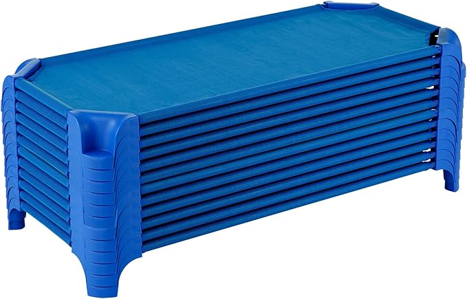 Sprogs Heavy-Duty Stackable 40"L Daycare Cots for Toddlers Ages 1 to 2, Stacking Preschool Classroom Toddler Cots for Sleeping, Resting, Naptime, Pack of 12, Blue