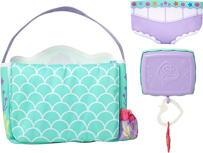 My Disney Nursery Baby Doll Accessories, Ariel Transforming 2-in-1 Diaper Bag & Changing Pad for Dolls Inspired by Disney The Little Mermaid! Pretend Wipes Toy Container
