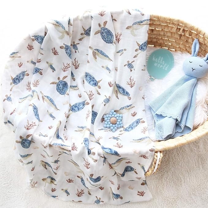 LifeTree Muslin Swaddle Blankets, Baby Swaddling Wrap Nursery Receiving Blanket for Boys & Girls, Soft 70% Viscose from Bamboo and 30% Cotton, Large 47 x 47 inches, Sea Turtle & Solid Colors