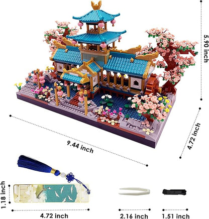 Alizdd Micro Building Blocks Set，Chinese Suzhou Garden Architecture and Cherry Blossom Bonsai Tree Building Toys for Adults，Japanese Sakura House Model，Creative Mini Bricks Gift for Kids 14+，2350 pcs