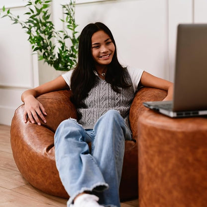 Factory Direct Partners 35" Rustic Western Bean Bag Chair; Distressed Faux Leather, Low to Ground for Reading, Playing Video Games and Relaxing; Flex Seating for Home and School - Hazelnut, 10478-322