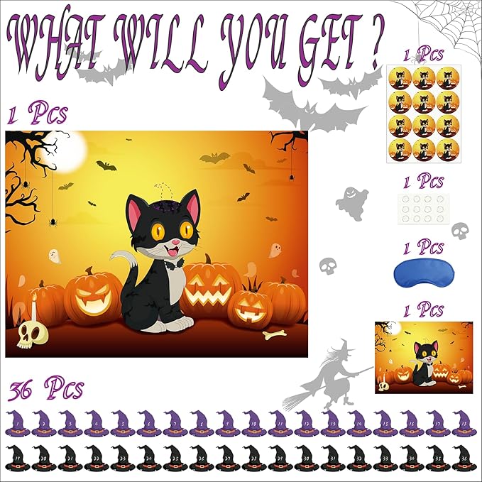 Morcheiong Halloween Game Pin The Tail on The Cat Game 36 Hats,