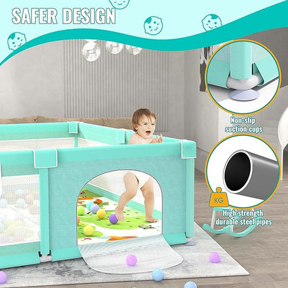 LUTIKIANG 79" x 71" Baby Playpen with Mat, Play Yard for Babies and Toddlers, Indoor/Outdoor Gate, Large Play Pen for Safety, Playtime, and Fun (Green)