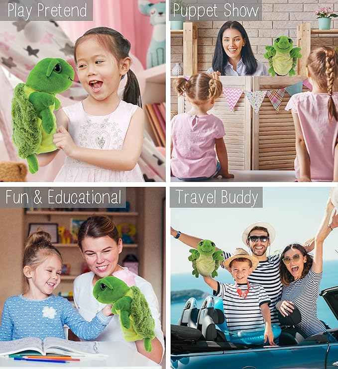 DolliBu Sea Turtle Hand Puppet - Super Soft Stuffed Animal Hand Puppets for Kids, Educational Hand Puppet Plush Toy for Kids and Adults 10 Inch