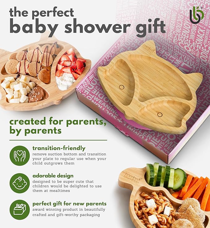 Bamboo Baby Plate with Suction - Kids and Toddler Suction Cup Plate for Babies, Non-toxic All-Natural Bamboo Baby Food Plate Stays Cool to the Touch for Baby-Led Weaning (Fox-Green)