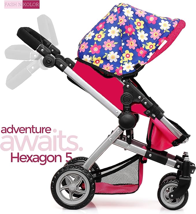 Fash N Kolor | Foldable Pram for Baby Doll with Flower Design with Swiveling Wheel Adjustable Handle Bassinet Stroller with Baby Doll, Convertible Seat