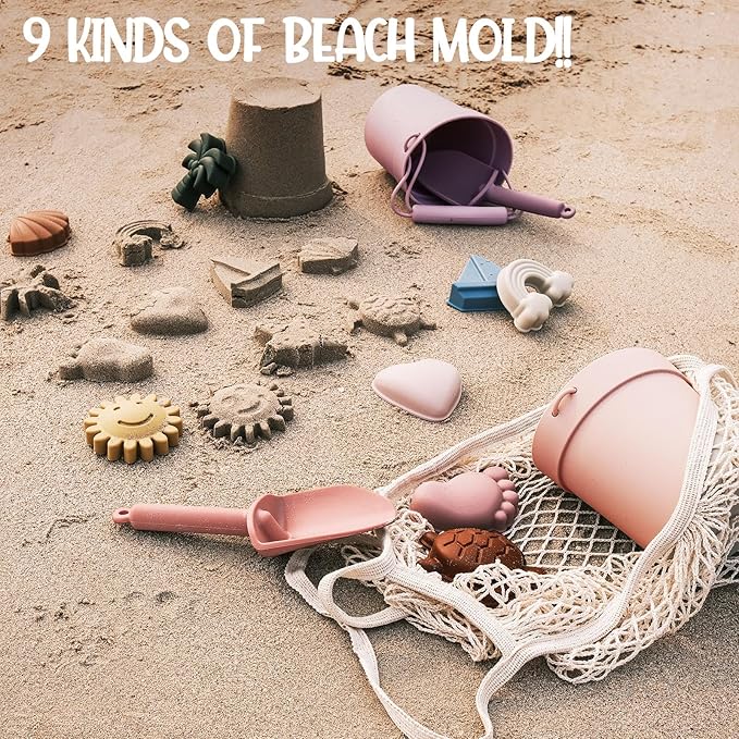 Hungdao 14 Pcs Silicone Beach Toys Travel Beach Set Sand Toys Include 2 Silicone Bucket Pail, 2 Shovel 9 Sand 1 Beach