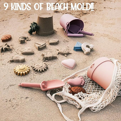 Hungdao 14 Pcs Silicone Beach Toys Travel Beach Set Sand Toys Include 2 Silicone Bucket Pail, 2 Shovel 9 Sand 1 Beach