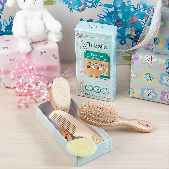 Chibello Baby Hair Care Set - 4 Piece Wooden Brush and Comb Set with Natural Goat Bristles, Ideal for Preventing Cradle Cap, Perfect for Baby Shower and Registry