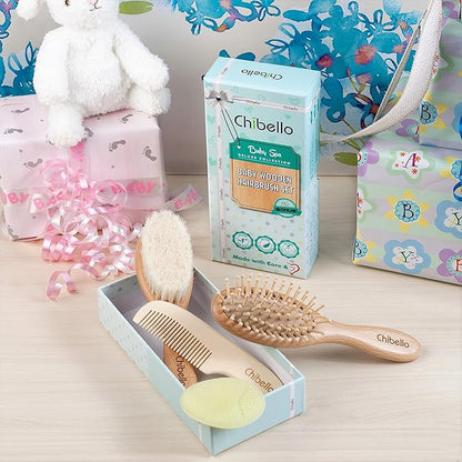 Chibello Baby Hair Care Set - 4 Piece Wooden Brush and Comb Set with Natural Goat Bristles, Ideal for Preventing Cradle Cap, Perfect for Baby Shower and Registry