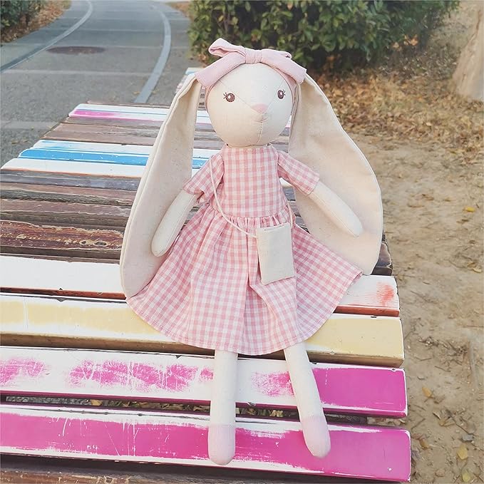 15" Bunny Stuffed Animal for Girls, Plush Toy Doll -Wearing Pink Plaid Dress 3 4 5 Year