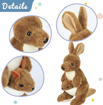 Hopearl Kangaroo Mama and Baby Joey Stuffed Animal Soft Plushie Toy Jungle Baby Shower Nursery Décor Zoo Animals for Toddlers Adorable Stuffed Kangaroos Gifts for Kids Boys Girls, Brown 11.5''