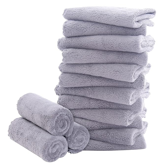 16 Pack Baby Washcloths - Luxury Coral Fleece Grey,10x10 Inch