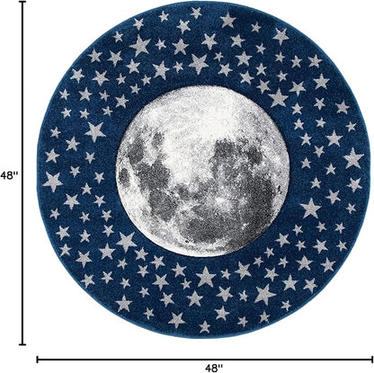 SAFAVIEH Carousel Kids Collection 4' Round Navy/Grey CRK135N Moon & Stars Non-Shedding Playroom Nursery Bedroom Area Rug
