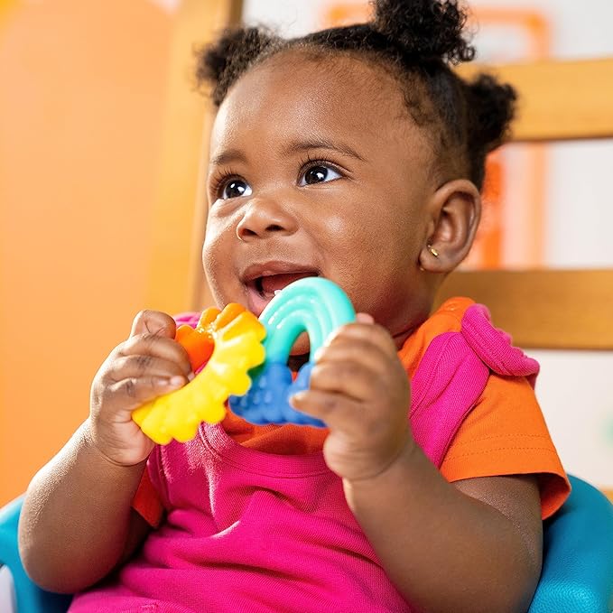 Bright Starts Chance of Smiles Silicone Teether 2-Pk, Easy-Grasp Sun and Rainbow 3 Months+