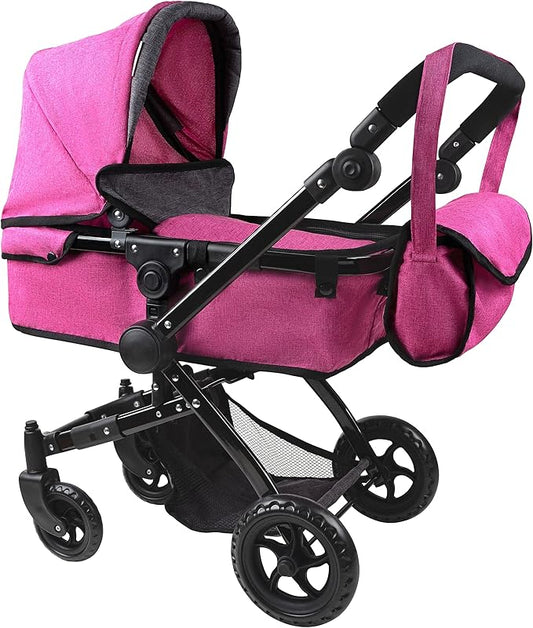 Fash n Kolor Baby Doll Stroller My First Foldable Doll Stroller in Denim Hot Pink Design, Bassinet Stroller with Baby Doll Adjustable Handle