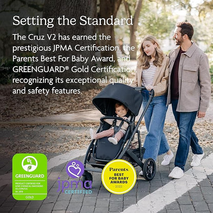 UPPAbaby Cruz V2 Stroller/Full-Featured Stroller with Travel System Capabilities/Toddler Seat, Bumper Bar, Bug Shield, Rain Shield Included/Anthony (White+Grey Chenille/Carbon Frame/Chestnut Leather)