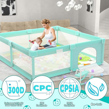 LUTIKIANG 79" x 71" Baby Playpen with Mat, Play Yard for Babies and Toddlers, Indoor/Outdoor Gate, Large Play Pen for Safety, Playtime, and Fun (Green)
