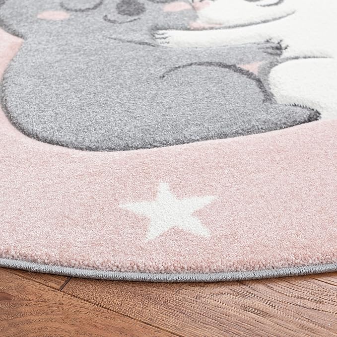 SAFAVIEH Carousel Kids Collection 4' Round Pink/White CRK195U Koala Hug Non-Shedding Nursery Playroom Area Rug
