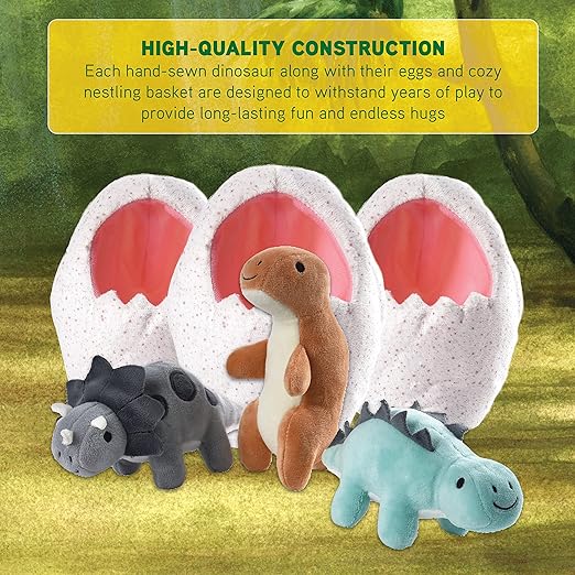 Cre8tive Minds Basket of Baby Dinosaurs, Plush Dolls 7-Piece Toddler 3 Dinos, 3 Eggs, (MTC-1017)