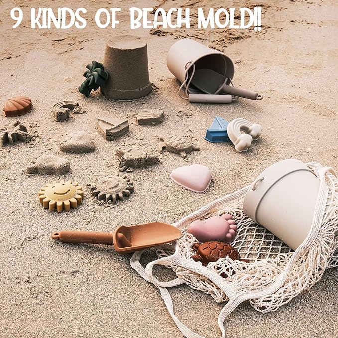 Hungdao 14 Pcs Silicone Beach Toys Travel Beach Set Sand Toys Include 2 Silicone Bucket Pail, 2 Shovel 9 Sand 1 Beach