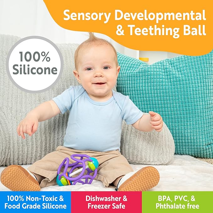 OgoBolli Teether Ring Tactile Sensory Ball and Baby Rattle Toy for Babies & Toddlers - Stretchy, Squishy 6+ Months