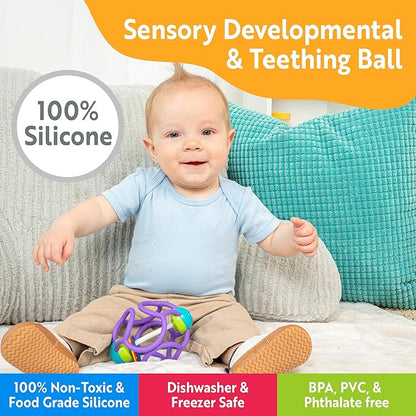 OgoBolli Teether Ring Tactile Sensory Ball and Baby Rattle Toy for Babies & Toddlers - Stretchy, Squishy 6+ Months