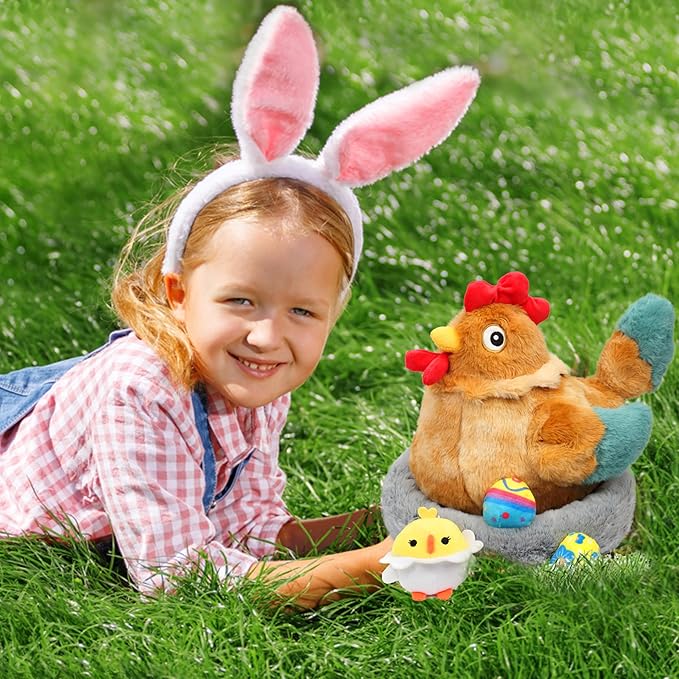 Hopearl Easter Plush Toy Chicken with 3 Eggs and 1 14''
