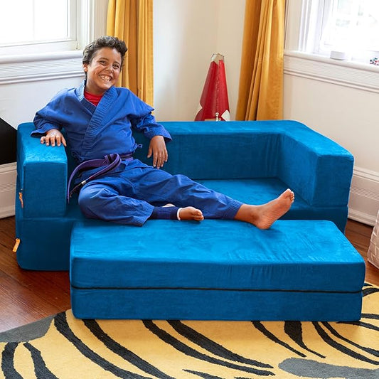Jaxx Zipline Kids Sofa & Large Ottoman 3 in 1 Fold Out Sofa, Big Kids Edition Blueberry