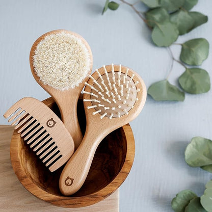 3 Piece Wooden Hair Brush Set for Newborns & Toddlers - Ultra Soft Natural Goat Hair and Wood Brushes in Chic Gift Box