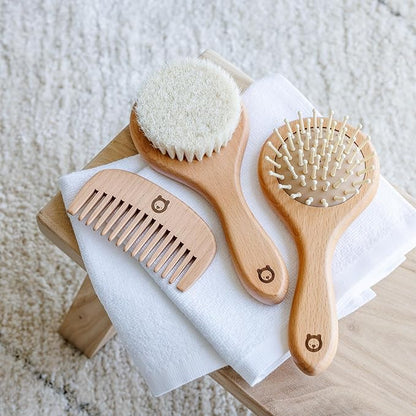 3 Piece Wooden Hair Brush Set for Newborns & Toddlers - Ultra Soft Natural Goat Hair and Wood Brushes in Chic Gift Box