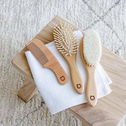 Wooden Hair Brush Set - Premium Baby Comb and Brush - Soft Natural Bristles - Organic Products - Perfect Registry Gift - Cradle Cap Brush for Newborns & Toddlers