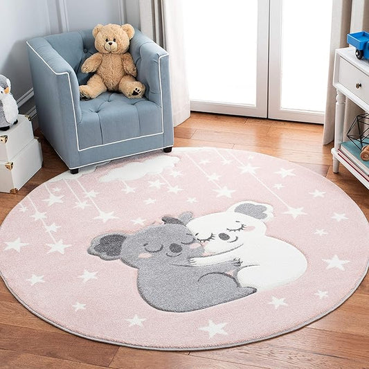 SAFAVIEH Carousel Kids Collection 4' Round Pink/White CRK195U Koala Hug Non-Shedding Nursery Playroom Area Rug