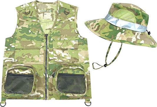 Kids Cargo Vest Set Camouflage Vest and Hat Medium/Large Fits Youth Size 8-12 Clothing Size (Camouflage Vest and Hat, Medium/Large)