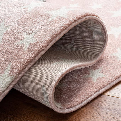 SAFAVIEH Carousel Kids Collection 4' Round Pink/Grey CRK135U Moon & Stars Non-Shedding Playroom Nursery Bedroom Area Rug
